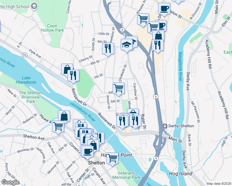 map of restaurants, bars, coffee shops, grocery stores, and more near 159 Olivia Street in Derby
