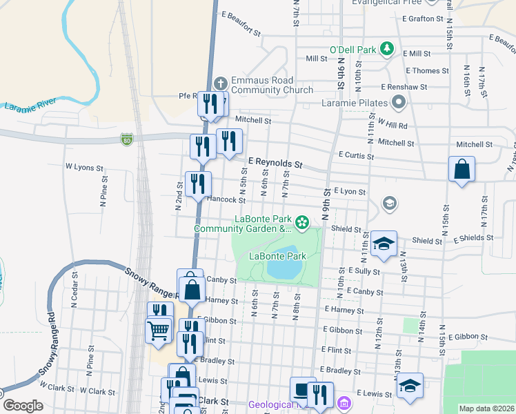 map of restaurants, bars, coffee shops, grocery stores, and more near 1263 North 6th Street in Laramie