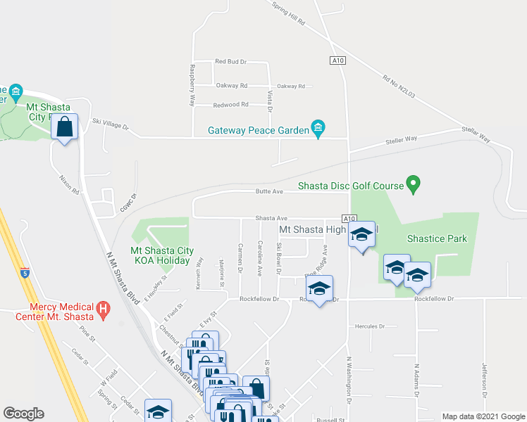 map of restaurants, bars, coffee shops, grocery stores, and more near 197 Shasta Avenue in Mount Shasta
