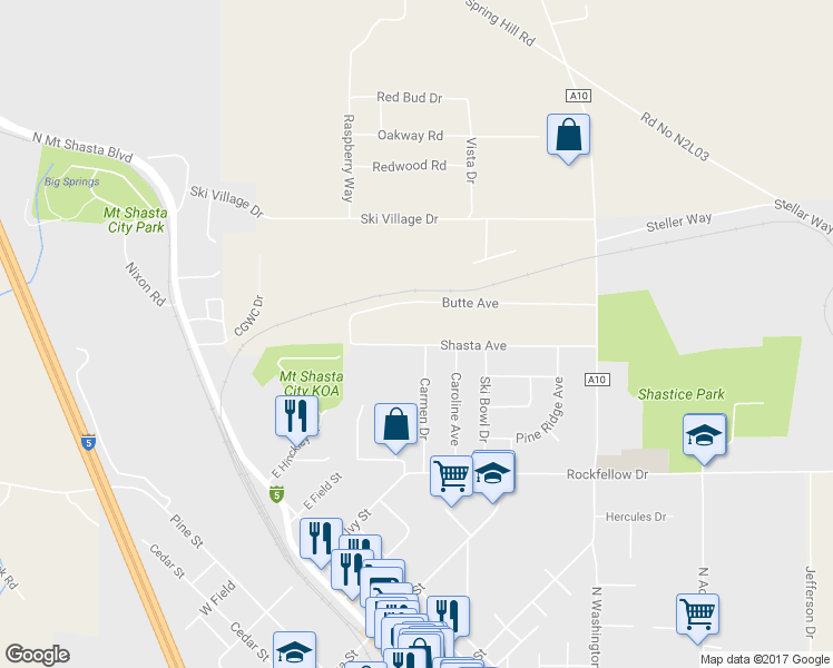 map of restaurants, bars, coffee shops, grocery stores, and more near 185 Shasta Avenue in Mount Shasta