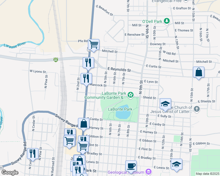 map of restaurants, bars, coffee shops, grocery stores, and more near 1257 North 5th Street in Laramie