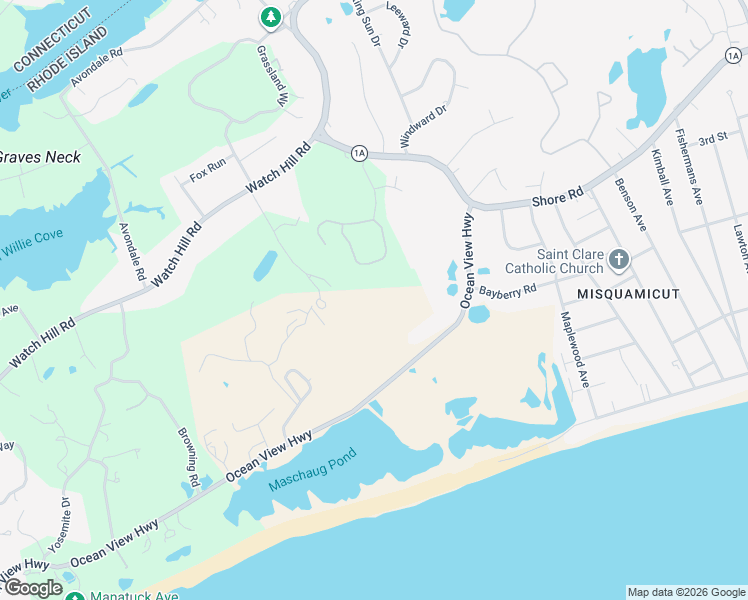 map of restaurants, bars, coffee shops, grocery stores, and more near 18 East Hills Road in Westerly