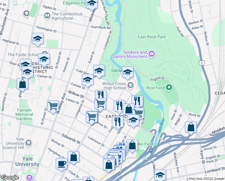 map of restaurants, bars, coffee shops, grocery stores, and more near 847 Orange Street in New Haven