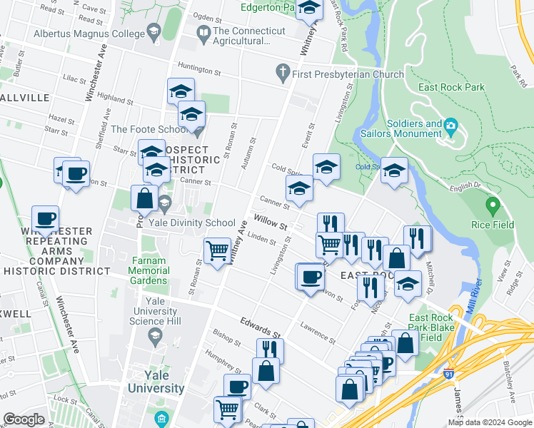 map of restaurants, bars, coffee shops, grocery stores, and more near 329 Willow Street in New Haven