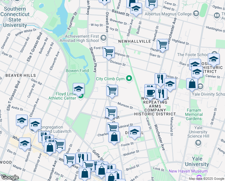 map of restaurants, bars, coffee shops, grocery stores, and more near 36 Shelton Avenue in New Haven