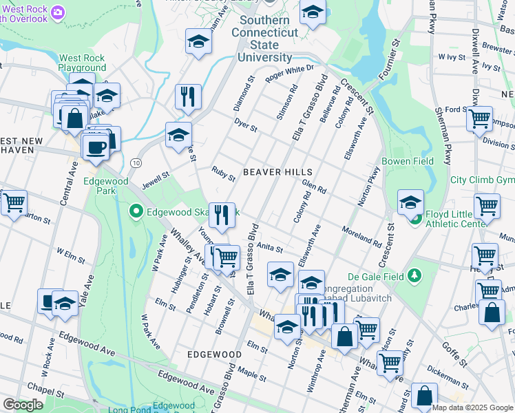 map of restaurants, bars, coffee shops, grocery stores, and more near in New Haven