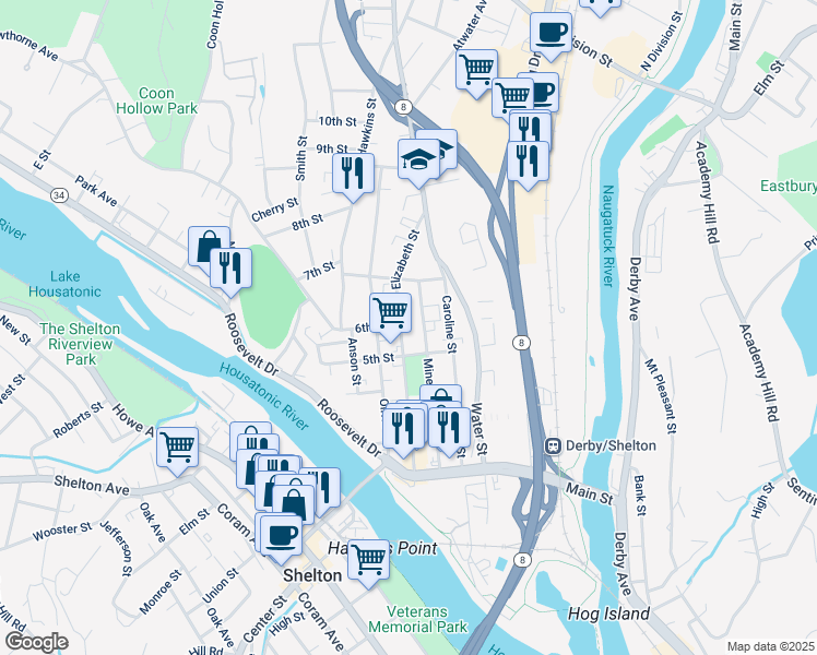 map of restaurants, bars, coffee shops, grocery stores, and more near 166 Minerva Street in Derby