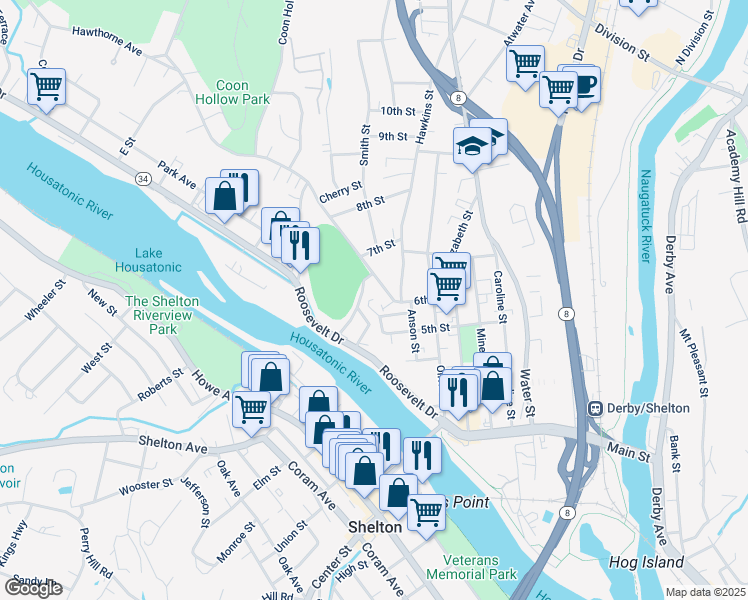 map of restaurants, bars, coffee shops, grocery stores, and more near 42 Oak Street in Derby