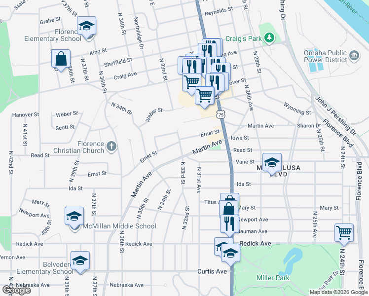 map of restaurants, bars, coffee shops, grocery stores, and more near 3302 Martin Avenue in Omaha