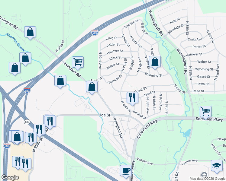 map of restaurants, bars, coffee shops, grocery stores, and more near 9021 Quest Street in Omaha