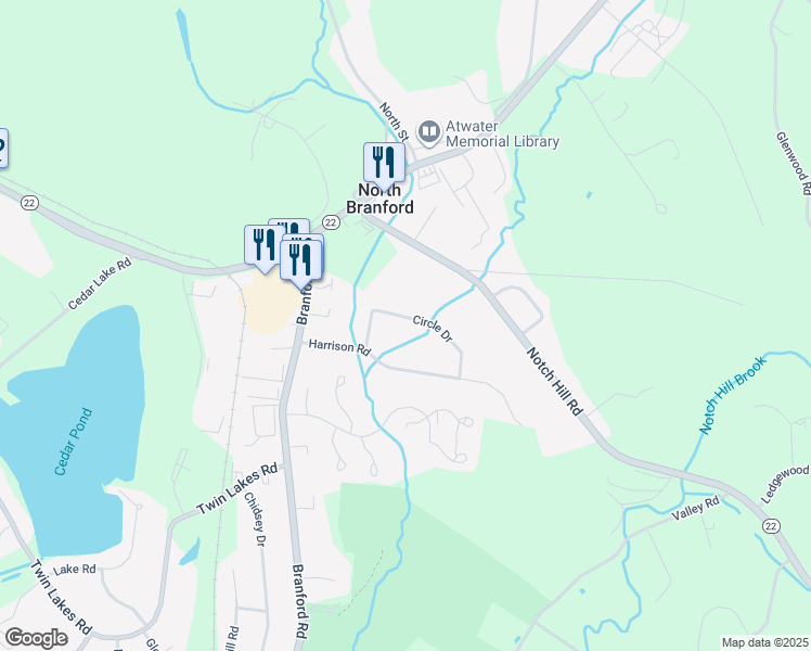 map of restaurants, bars, coffee shops, grocery stores, and more near 13 Circle Drive in North Branford