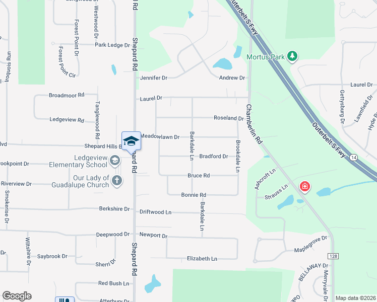 map of restaurants, bars, coffee shops, grocery stores, and more near 1490 Bradford Drive in Macedonia