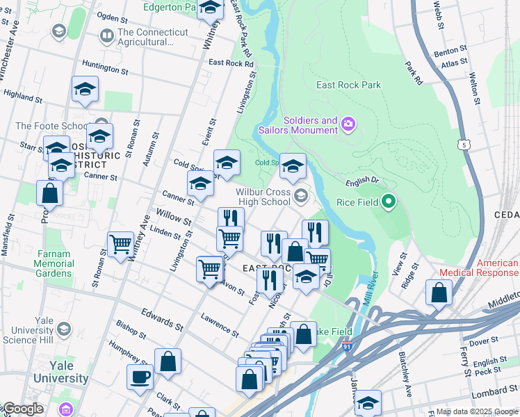 map of restaurants, bars, coffee shops, grocery stores, and more near 863 Orange Street in New Haven