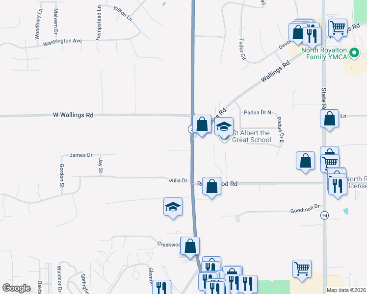 map of restaurants, bars, coffee shops, grocery stores, and more near 12300 Ohio 3 in North Royalton