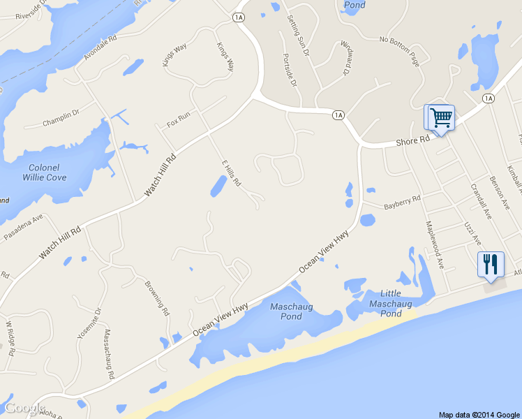 map of restaurants, bars, coffee shops, grocery stores, and more near 24 East Hills Road in Westerly