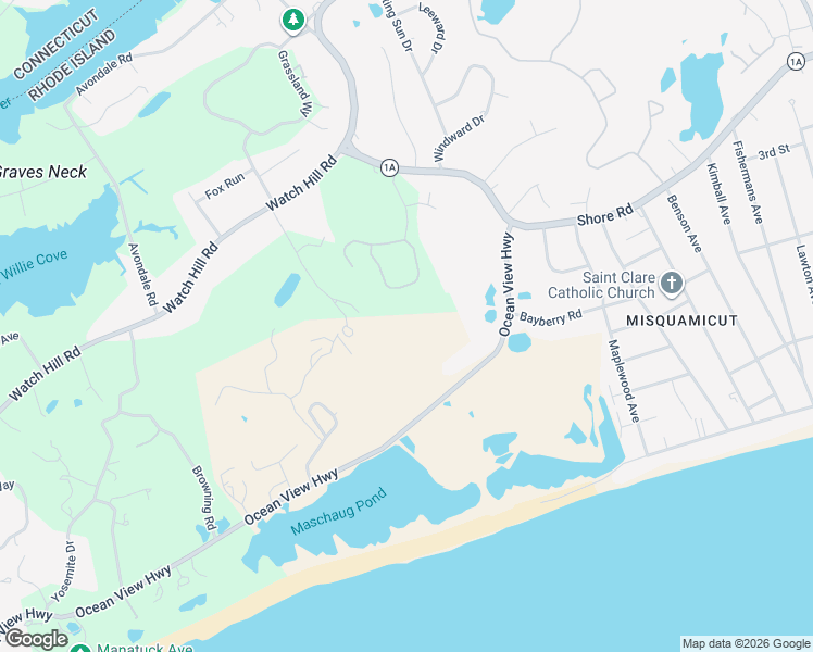 map of restaurants, bars, coffee shops, grocery stores, and more near 18 East Hills Road in Westerly