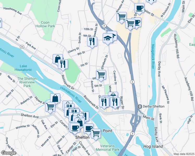 map of restaurants, bars, coffee shops, grocery stores, and more near Olivia Street in Derby