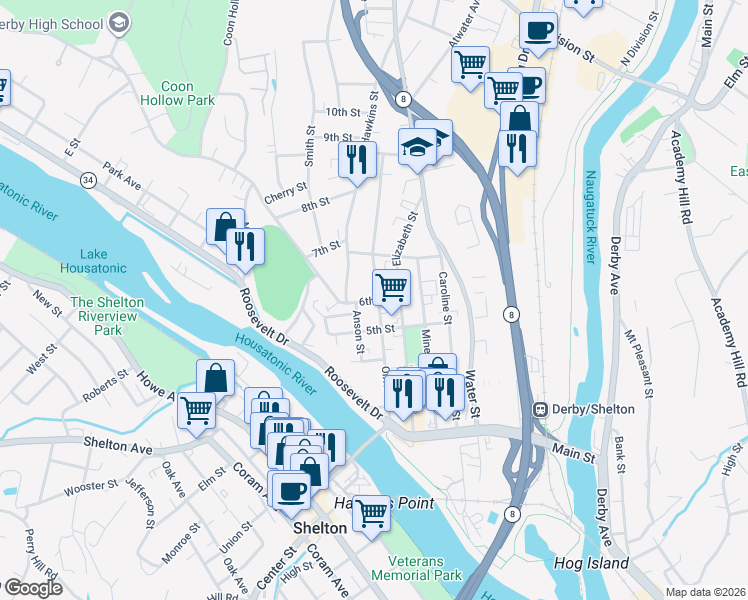 map of restaurants, bars, coffee shops, grocery stores, and more near 27 6th Street in Derby