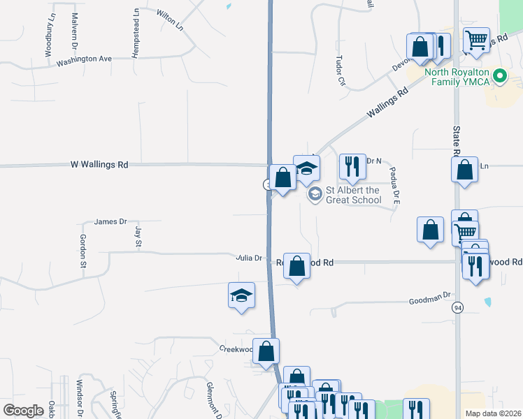 map of restaurants, bars, coffee shops, grocery stores, and more near 12274 Ridge Road in North Royalton
