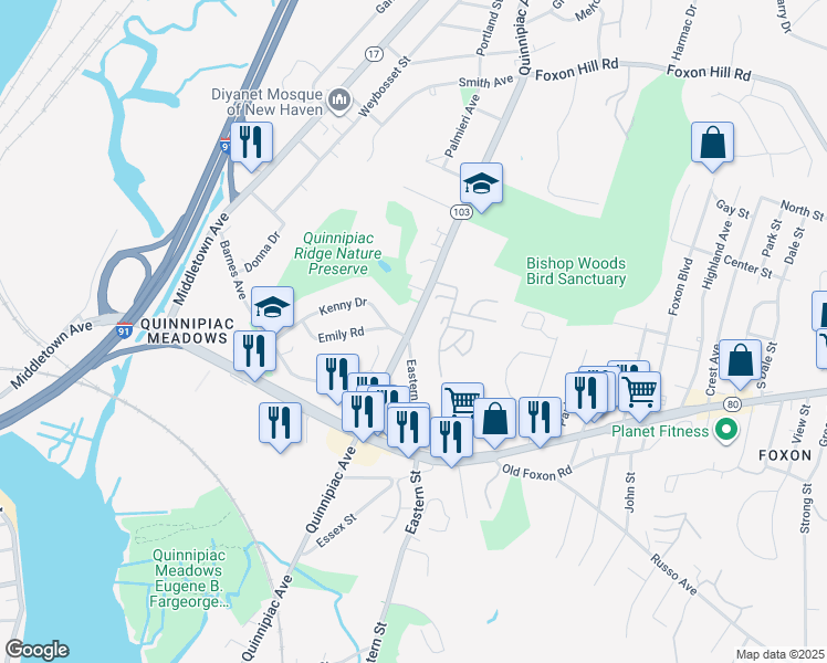 map of restaurants, bars, coffee shops, grocery stores, and more near in New Haven
