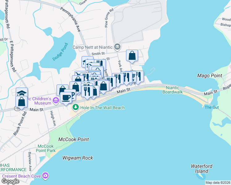map of restaurants, bars, coffee shops, grocery stores, and more near 195 Main Street in East Lyme