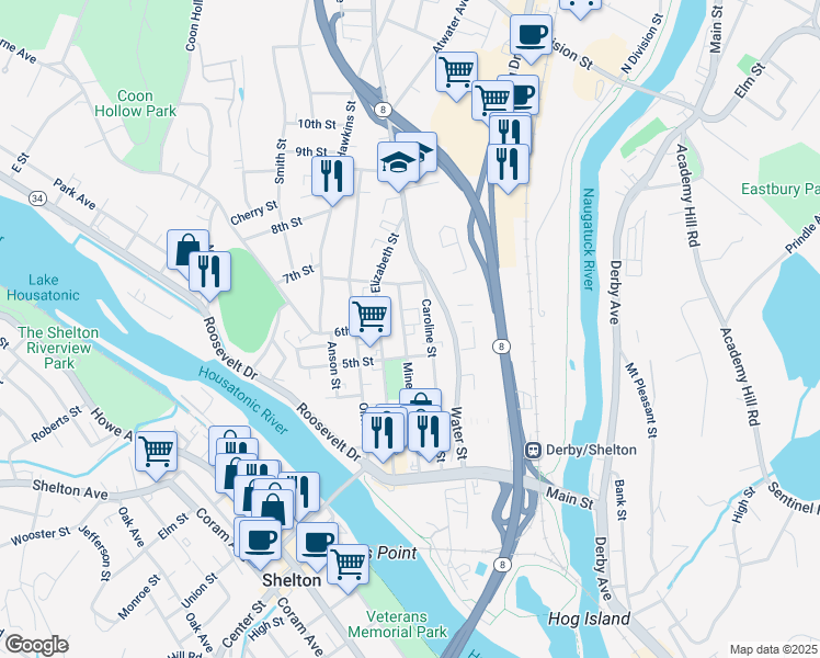 map of restaurants, bars, coffee shops, grocery stores, and more near 175 Minerva Street in Derby
