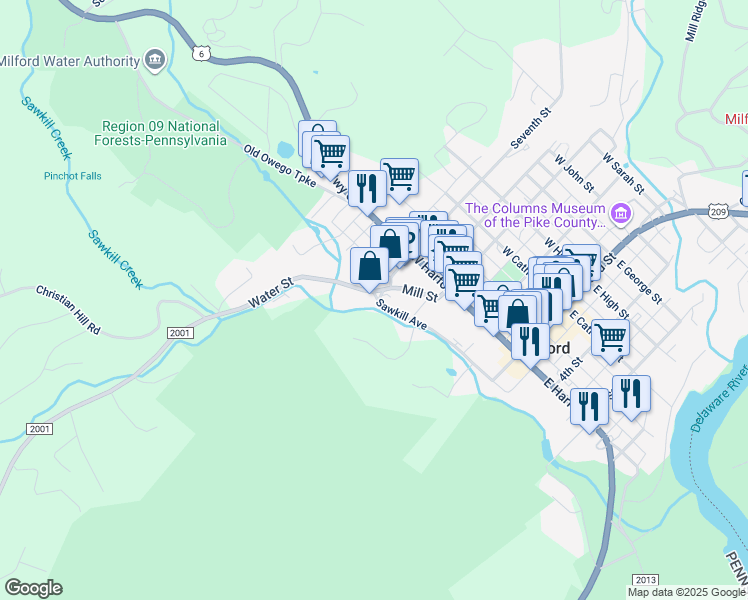 map of restaurants, bars, coffee shops, grocery stores, and more near 246 Sawkill Ave in Milford