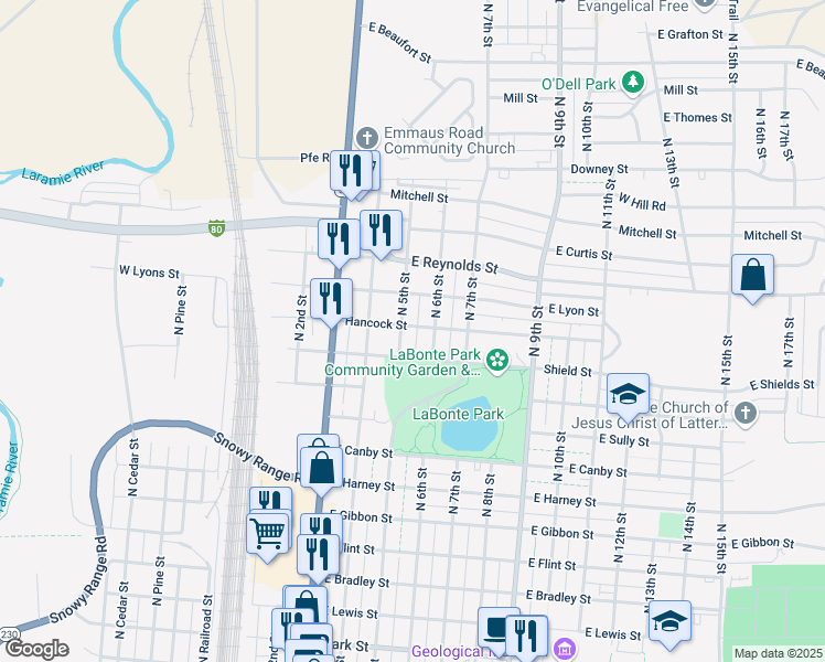 map of restaurants, bars, coffee shops, grocery stores, and more near 1257 North 5th Street in Laramie