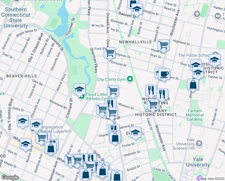 map of restaurants, bars, coffee shops, grocery stores, and more near 36 Shelton Avenue in New Haven
