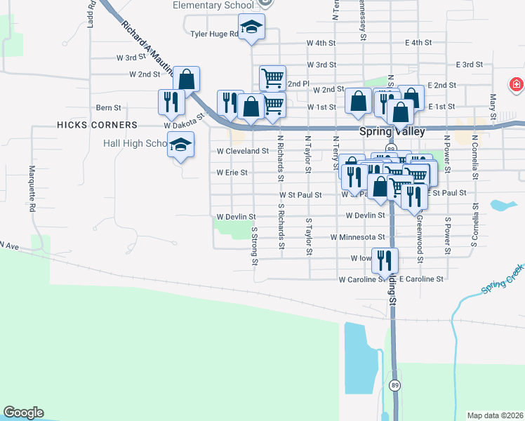 map of restaurants, bars, coffee shops, grocery stores, and more near 520 West Devlin Street in Spring Valley