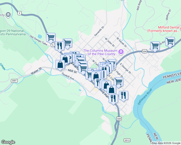 map of restaurants, bars, coffee shops, grocery stores, and more near 5th St in Milford