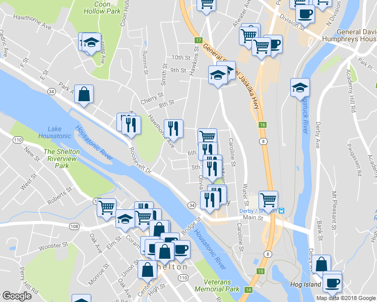 map of restaurants, bars, coffee shops, grocery stores, and more near 41 6th Street in Derby