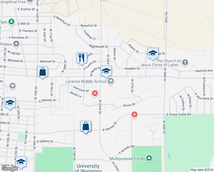 map of restaurants, bars, coffee shops, grocery stores, and more near 1301-1399 North 22nd Street in Laramie