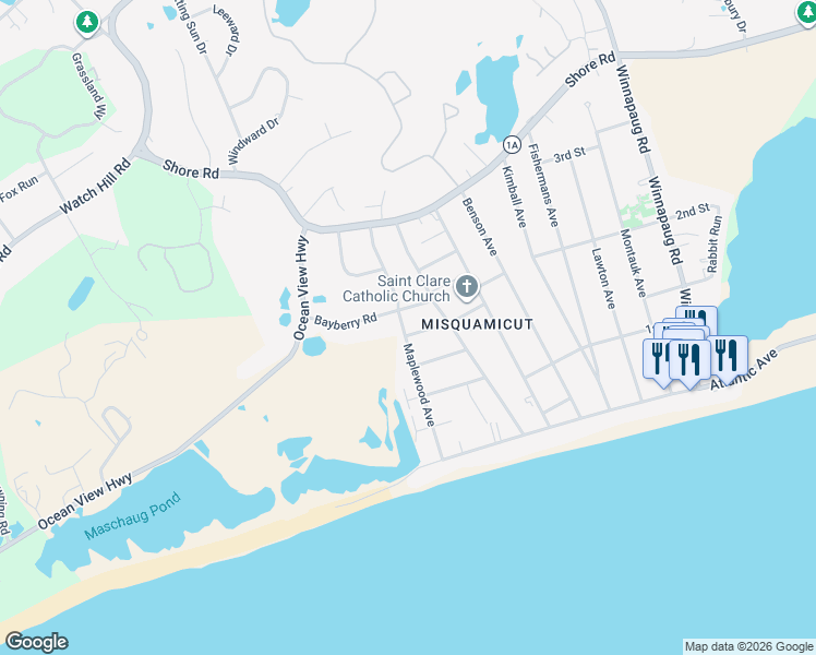 map of restaurants, bars, coffee shops, grocery stores, and more near 35 Maplewood Avenue in Westerly