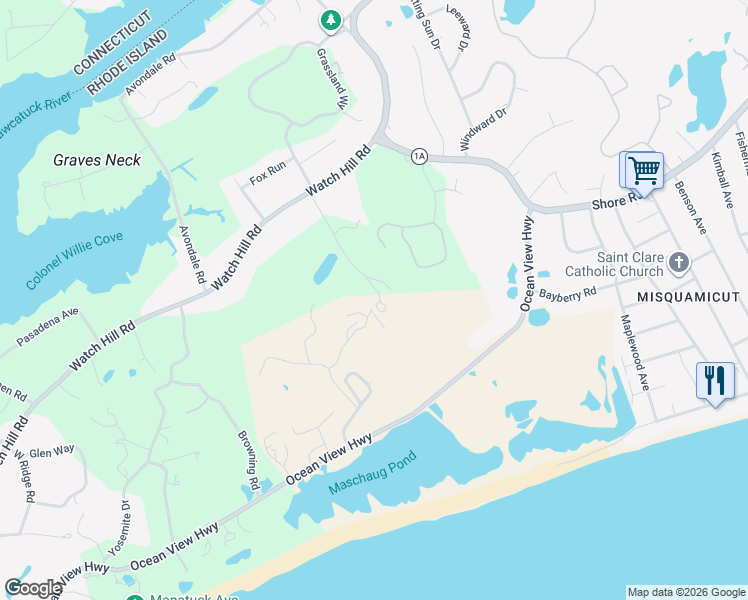 map of restaurants, bars, coffee shops, grocery stores, and more near 24 East Hills Road in Westerly