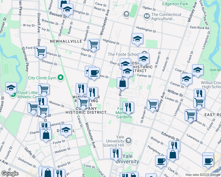 map of restaurants, bars, coffee shops, grocery stores, and more near 303 Mansfield Street in New Haven