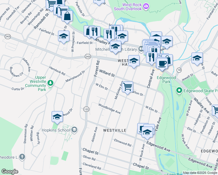 map of restaurants, bars, coffee shops, grocery stores, and more near 3 Barnett Street in New Haven
