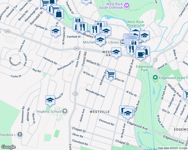 map of restaurants, bars, coffee shops, grocery stores, and more near 252 West Elm Street in New Haven