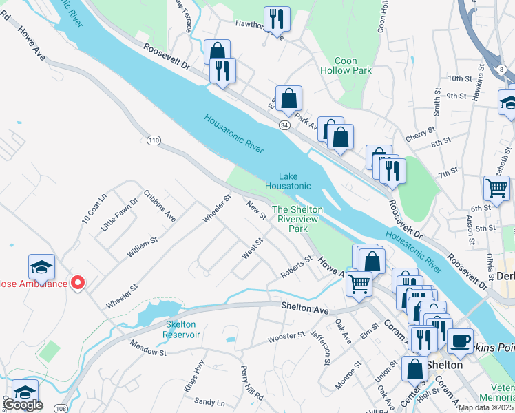 map of restaurants, bars, coffee shops, grocery stores, and more near 126 New Street in Shelton