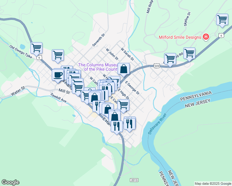 map of restaurants, bars, coffee shops, grocery stores, and more near 411 Broad Street in Milford