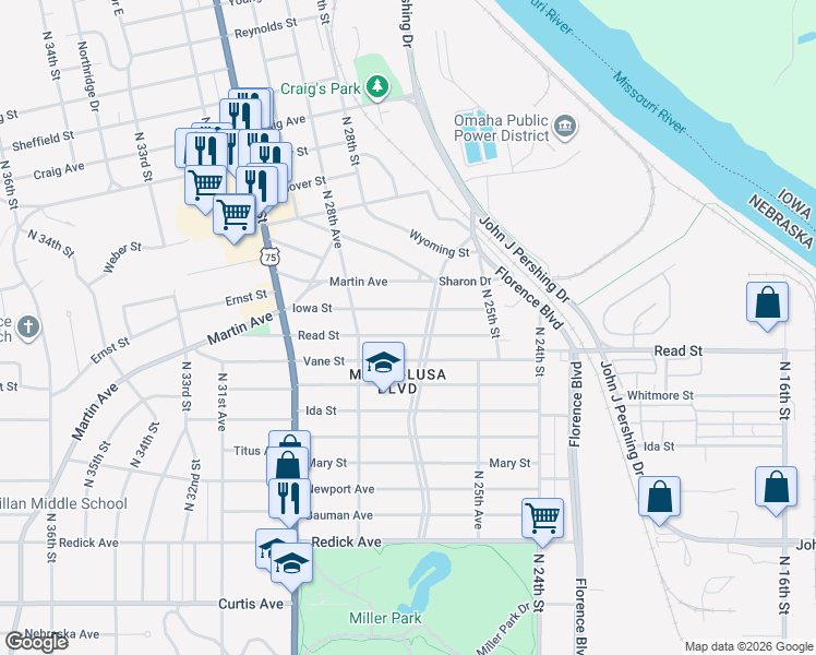 map of restaurants, bars, coffee shops, grocery stores, and more near 2711 Read Street in Omaha