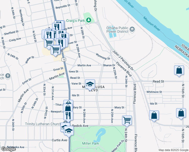 map of restaurants, bars, coffee shops, grocery stores, and more near 2711 Read Street in Omaha