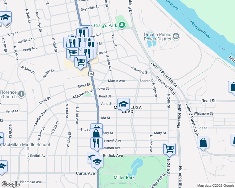 map of restaurants, bars, coffee shops, grocery stores, and more near 2745 Read Street in Omaha