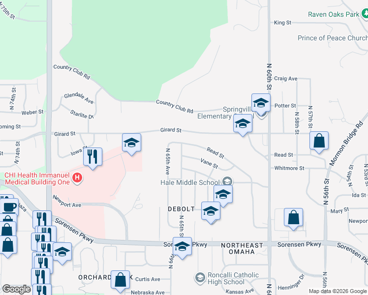 map of restaurants, bars, coffee shops, grocery stores, and more near 6438 Vane Street in Omaha