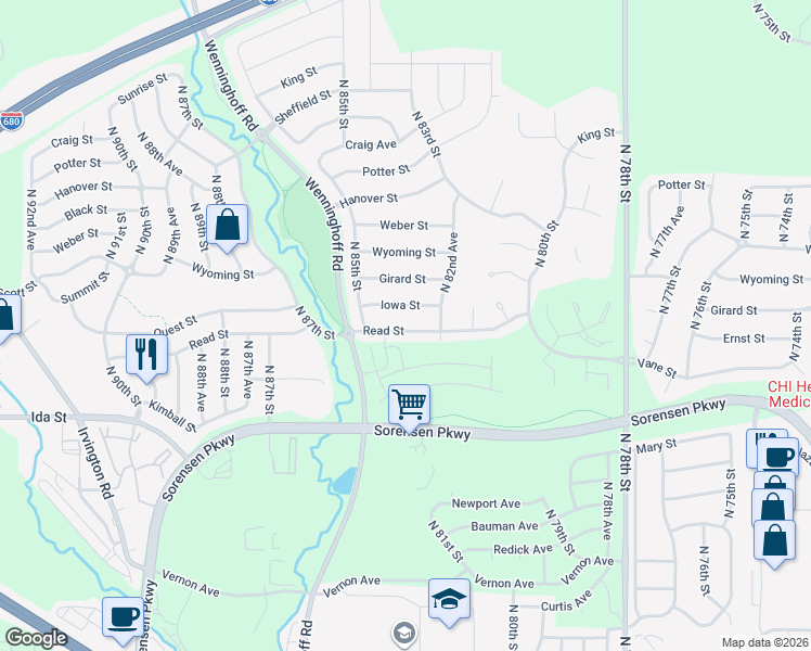 map of restaurants, bars, coffee shops, grocery stores, and more near 8307 Read Street in Omaha