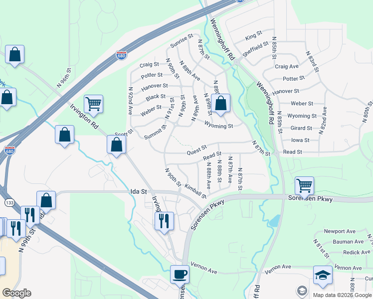 map of restaurants, bars, coffee shops, grocery stores, and more near 8925 Quest Street in Omaha