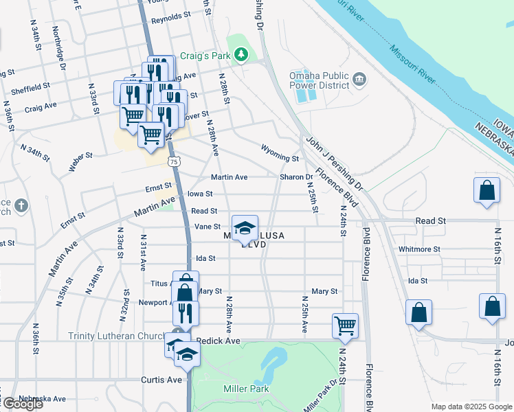 map of restaurants, bars, coffee shops, grocery stores, and more near 2711 Read Street in Omaha
