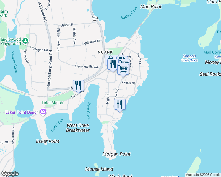 map of restaurants, bars, coffee shops, grocery stores, and more near 66 Pearl Street in Groton
