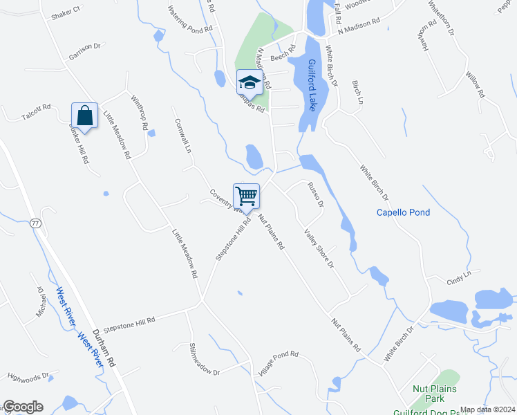 map of restaurants, bars, coffee shops, grocery stores, and more near 959 Nut Plains Road in Guilford