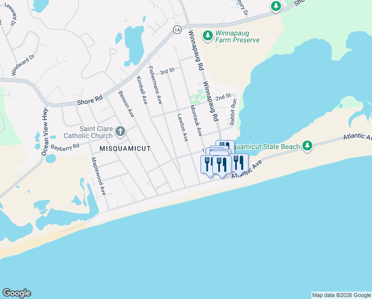 map of restaurants, bars, coffee shops, grocery stores, and more near 28 Lawton Avenue in Westerly